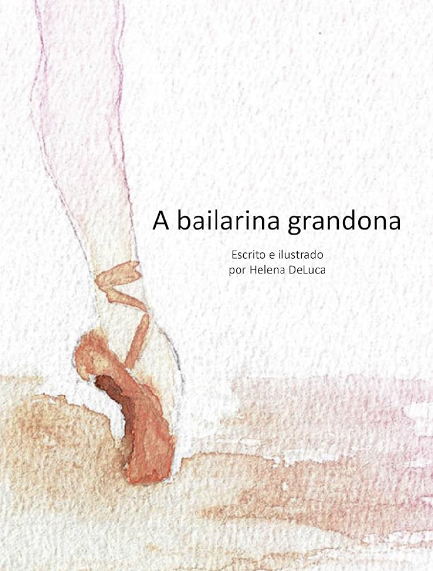 Capa do livro A bailarina grandona, com aquarela de uma sapatilha de ponta em tons de rosa e terracota